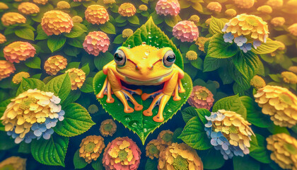 雨の日の紫陽花の中で喜ぶ雨蛙のCGキャラクター