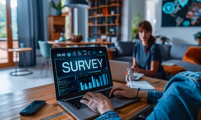 The concept of an online survey displayed through digital icons, where a person is shown interacting with a laptop, symbolizing the digital collection of data and feedback from participants remotely