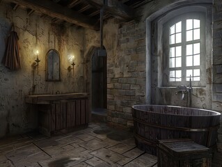 Medieval bathroom with stone arches and architecture, capturing the essence of ancient times