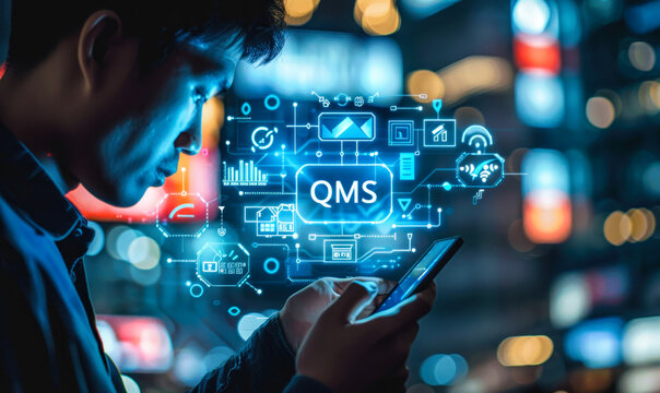 Professional utilizing digital interface to manage Quality Management System QMS, icons for operational excellence, compliance, process control, auditing, continuous improvement methodologies
