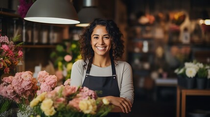 Smiling attractive hispanic female Small business owner in her florist shop