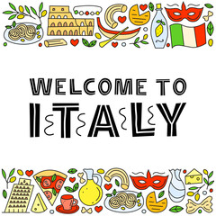Poster with doodle colorful Italia landmarks and attractions with lettering. Travel concept background.