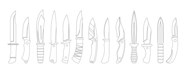 Black And White Vector Icons Set Showcasing A Variety Of Hunting Knives, Includes Different Styles And Blade Shapes