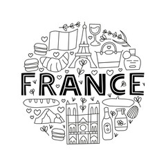Doodle outline France landmarks and attractions composed in circle shape isolated on white background. Travel concept background.