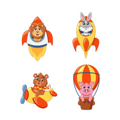Naklejka premium Cartoon Animals On Flying Adventure. Lion In Rocket, Rabbit In Space Ship, Bear In Propeller Plane, And Pig In A Balloon