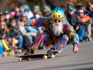 Shredding age barriers, a groovy man with beard carves the skatepark to a beatboxing rhythm, captivating a young audience.