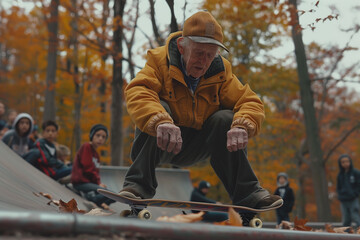 Energetic elder man skateboards at park, inspiring kids watching.