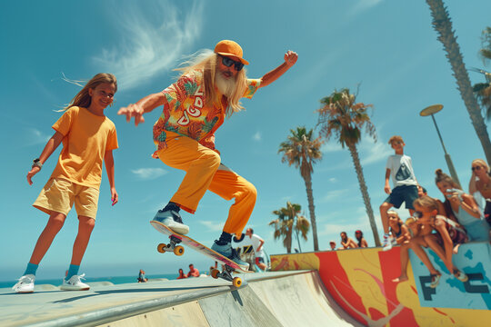 Shredding age barriers, a groovy man with beard carves the skatepark to a beatboxing rhythm, captivating a young audience.