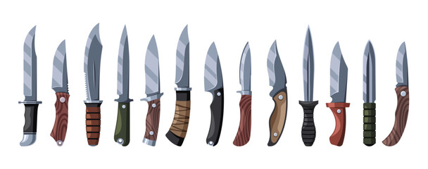 Array Of Hunter Knives With Different Blade Shapes And Handle Materials. Hunt Weapon Perfect For Outdoor, Military