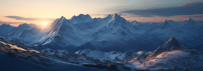 A mountain range with snow on the peaks and a sun setting in the background - Powered by Adobe