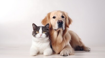 Portrait of Happy dog and cat that looking at the camera together isolated on transparent background, friendship between dog and cat