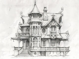 architectural sketch of a vintage house nestled on a quaint city street, capturing the essence of old-world charm and historic urban architecture