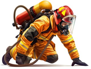 Naklejka premium A firefighter in full gear, helmet secured, amidst billowing smoke, bravely battling flames to rescue lives, embodying courage and protection in the face of danger