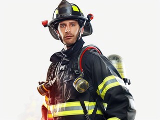 A firefighter in full gear, helmet secured, amidst billowing smoke, bravely battling flames to rescue lives, embodying courage and protection in the face of danger