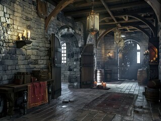 Fototapeta premium A majestic castle gate, flanked by towering stone walls that have witnessed centuries of history and tales of knights and kings