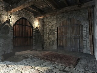 Obraz premium A majestic castle gate, flanked by towering stone walls that have witnessed centuries of history and tales of knights and kings