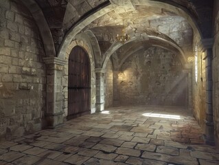 A majestic castle gate, flanked by towering stone walls that have witnessed centuries of history and tales of knights and kings