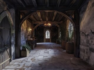 Fototapeta premium Majestatyczna brama zamkowa, otoczona wysokimi kamiennymi murami, które były świadkami stuleci historii i opowieści o rycerzach i królach