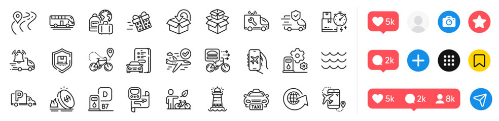 Transport insurance, Bus tour and Flight mode line icons pack. Social media icons. Flight destination, Metro map, Car registration web icon. Packing boxes, Lighthouse, Gas price pictogram. Vector
