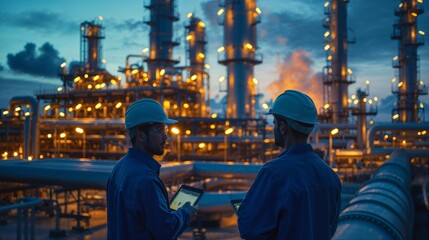 Two engineers engaged in discussion against the backdrop of an oil refinery, power plant, and the setting sun