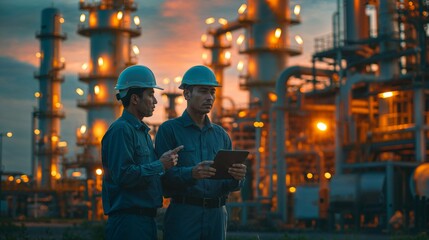 Two engineers engaged in discussion against the backdrop of an oil refinery, power plant, and the setting sun