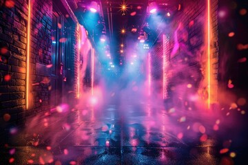 Neon Light Corridor Futuristic Room with Vibrant Lighting on black background 