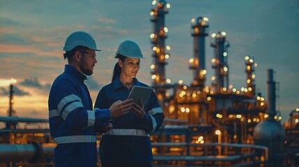 Two engineers engaged in discussion against the backdrop of an oil refinery, power plant, and the setting sun