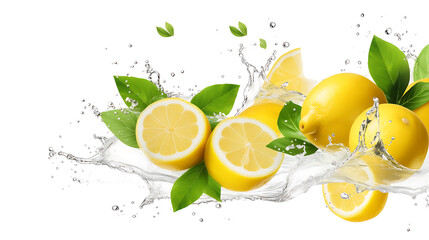 Lemon water splash isolated on a white transparent background, png. Lemon fruit slice, leaves and water splash. background water wave, citrus piece and mint foliage flying