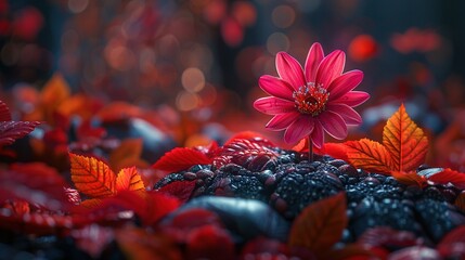  A red flower rests atop a stack of black stones alongside a lush green and red plant - Powered by Adobe