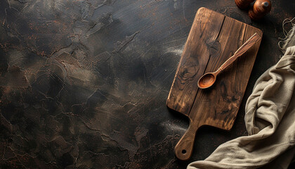 kitchen wooden board with wood spoon with black texture background generated by AI