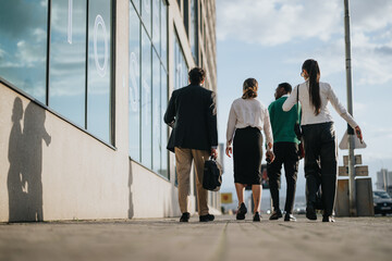 Dynamic young professionals engage in a business discussion while walking outside in the city,...