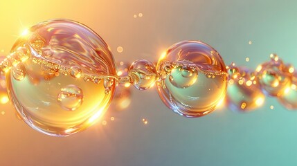   A cluster of bubbles hovering above a blue and yellow backdrop with airborne bubbles