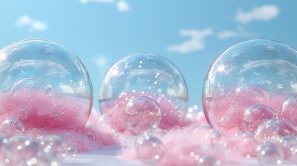   Bubbles float on snow-covered ground, beneath white and pink clouds in the sky