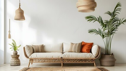 Contemporary living room featuring a rattan sofa against a white wall. Concept Contemporary Decor, Rattan Furniture, White Wall, Modern Living Room