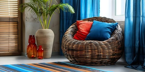 Creating a Cozy Living Room Ambiance with Rattan Armchair, Decorative Vase, and Potted Plant. Concept Cozy Living Room, Rattan Armchair, Decorative Vase, Potted Plant, Home Decor
