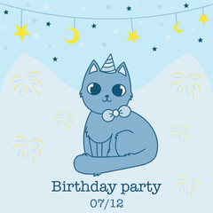 baby birthday invitation with blue cat in flat style