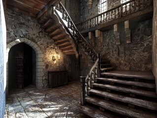 Obraz premium medieval castle staircase leads to an arched entrance. The building's interior showcases the palace's architectural splendor and historic charm