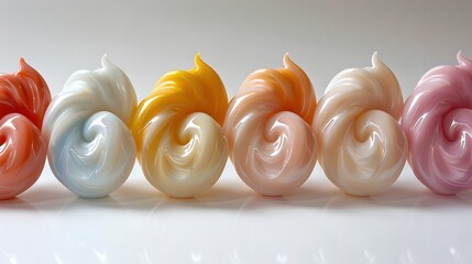   A row of vibrant spirals rests atop a blank canvas against a backdrop of pure white