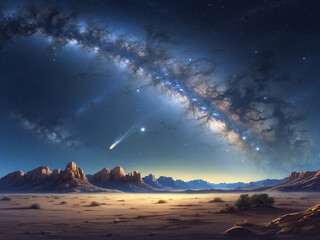 Milky Way galaxy and a desert view, impressive outworldly cosmic experience on the earth