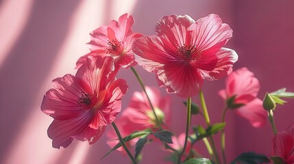   Close-up of pink flowers in a vase on a table with pink wall in background