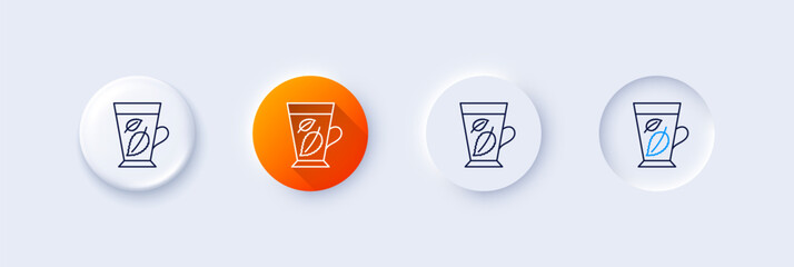 Fototapeta premium Mint Tea line icon. Neumorphic, Orange gradient, 3d pin buttons. Fresh herbal beverage sign. Mentha leaves symbol. Line icons. Neumorphic buttons with outline signs. Vector