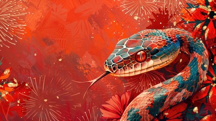 Obraz premium Beautiful snake on a red background. Exotic reptile. Symbol of the New Year. Design of cards and invitations for the Christmas holidays.