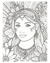 Women's face coloring book page for kids