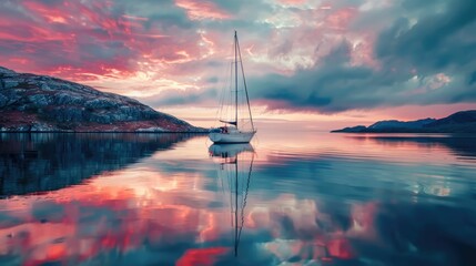 A sailboat glides gracefully on the calm waters of a lake as the sun sets, casting a warm afterglow...