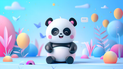 Naklejka premium Baby Panda surrounded by ballons in a cute, cartoon illustration