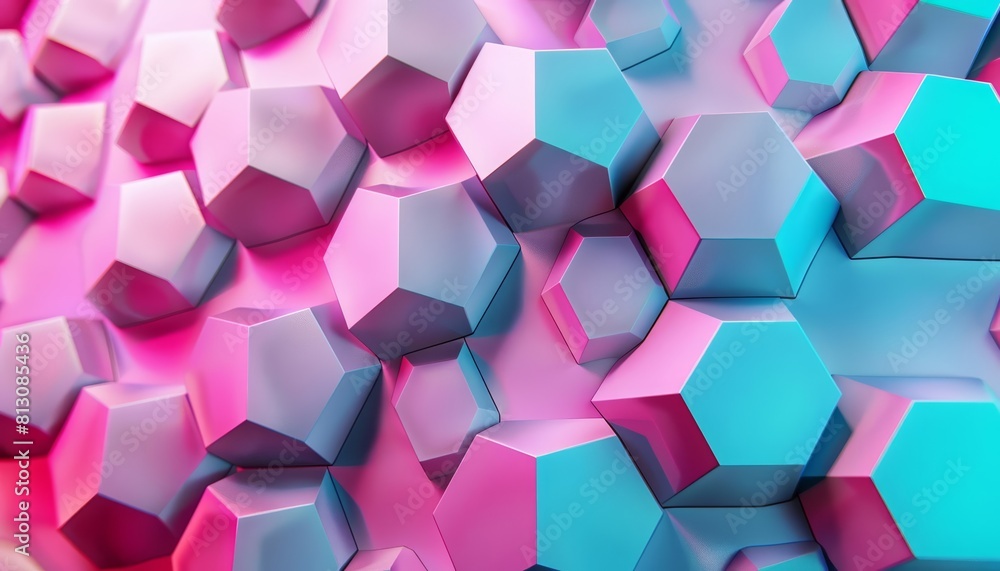 Poster background of hexagons pattern enlivens the space with its blue and pink gradient geometric shape, o