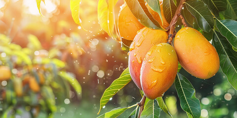fresh and ripe indian mangoes on tree summer season fruit