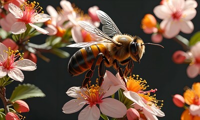 a bee collecting nectar from a peach blossom. Magnificent image perfectly illustrating the beauty and mystery of nature