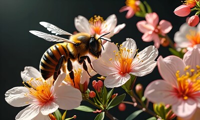 a bee collecting nectar from a peach blossom. Magnificent image perfectly illustrating the beauty and mystery of nature