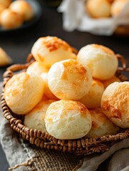 brazilian snack cheese bread, p&atilde;o de queijo, round bread rolls with a chewy texture and a delightful cheesy flavor, originating from Brazil's culinary heritage
